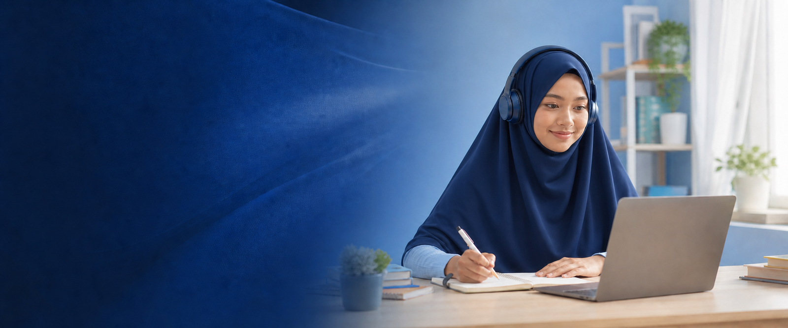 Pelajar Muslimah berjilbab panjang dan lebar belajar online